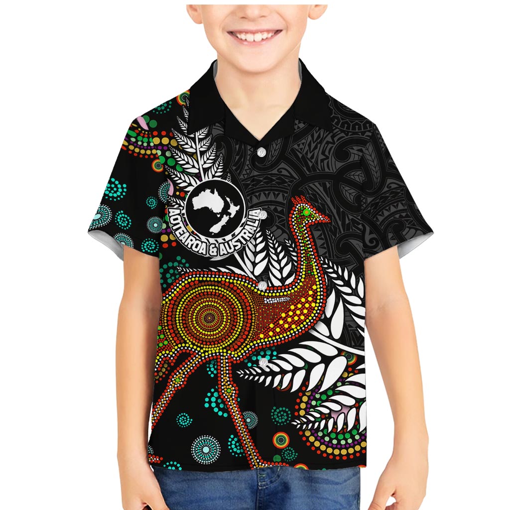 New Zealand Fern and Australia Emu Family Matching Mermaid Dress and Hawaiian Shirt Aboriginal Mix Maori Pattern LT03 Son's Shirt Blue - Polynesian Pride