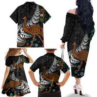 New Zealand Fern and Australia Emu Family Matching Off The Shoulder Long Sleeve Dress and Hawaiian Shirt Aboriginal Mix Maori Pattern LT03 - Polynesian Pride