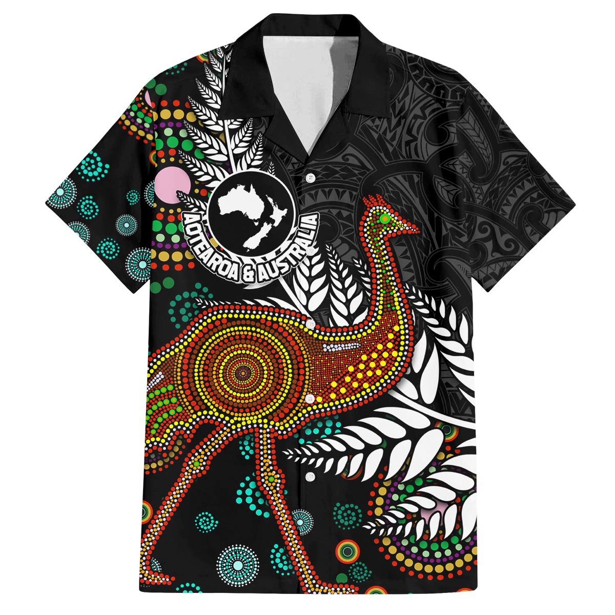New Zealand Fern and Australia Emu Family Matching Off The Shoulder Long Sleeve Dress and Hawaiian Shirt Aboriginal Mix Maori Pattern LT03 Dad's Shirt - Short Sleeve Blue - Polynesian Pride