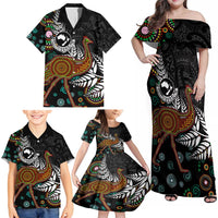 New Zealand Fern and Australia Emu Family Matching Off Shoulder Maxi Dress and Hawaiian Shirt Aboriginal Mix Maori Pattern LT03 - Polynesian Pride
