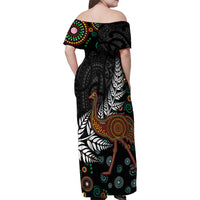 New Zealand Fern and Australia Emu Family Matching Off Shoulder Maxi Dress and Hawaiian Shirt Aboriginal Mix Maori Pattern LT03 - Polynesian Pride
