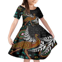 New Zealand Fern and Australia Emu Family Matching Off Shoulder Short Dress and Hawaiian Shirt Aboriginal Mix Maori Pattern LT03 Daughter's Dress Blue - Polynesian Pride