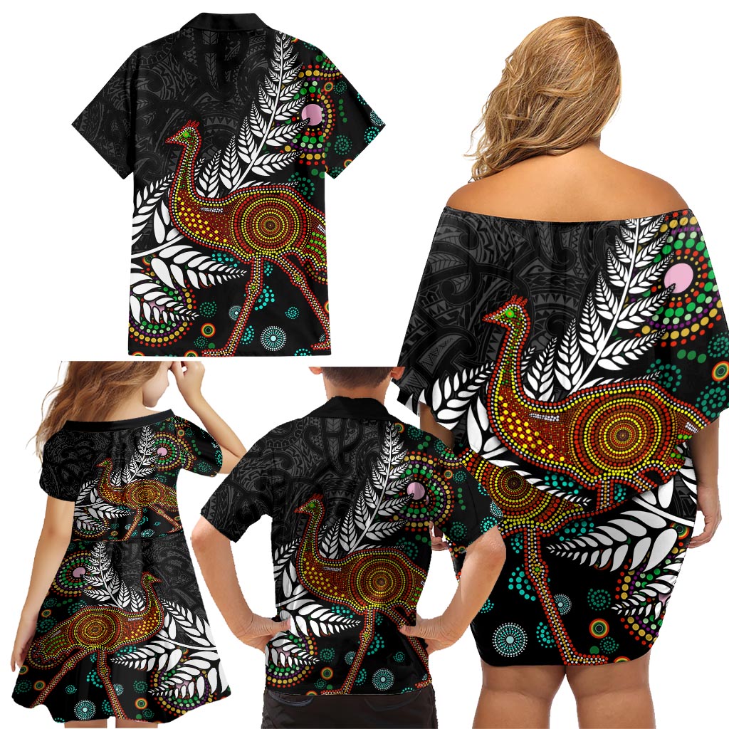 New Zealand Fern and Australia Emu Family Matching Off Shoulder Short Dress and Hawaiian Shirt Aboriginal Mix Maori Pattern LT03 - Polynesian Pride