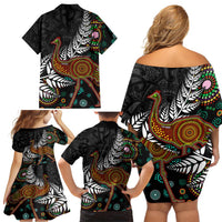 New Zealand Fern and Australia Emu Family Matching Off Shoulder Short Dress and Hawaiian Shirt Aboriginal Mix Maori Pattern LT03 - Polynesian Pride