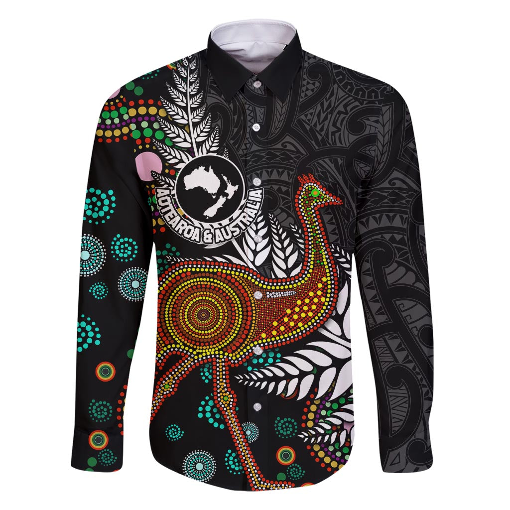 New Zealand Fern and Australia Emu Family Matching Off Shoulder Short Dress and Hawaiian Shirt Aboriginal Mix Maori Pattern LT03 Dad's Shirt - Long Sleeve Blue - Polynesian Pride