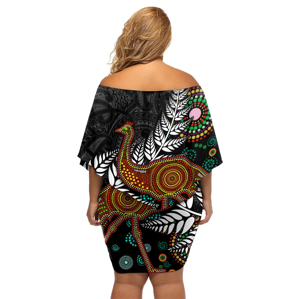 New Zealand Fern and Australia Emu Family Matching Off Shoulder Short Dress and Hawaiian Shirt Aboriginal Mix Maori Pattern LT03 - Polynesian Pride