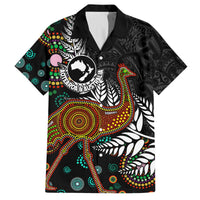 New Zealand Fern and Australia Emu Family Matching Puletasi and Hawaiian Shirt Aboriginal Mix Maori Pattern LT03 Dad's Shirt - Short Sleeve Blue - Polynesian Pride