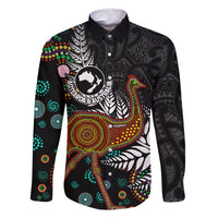 New Zealand Fern and Australia Emu Family Matching Short Sleeve Bodycon Dress and Hawaiian Shirt Aboriginal Mix Maori Pattern LT03 Dad's Shirt - Long Sleeve Blue - Polynesian Pride