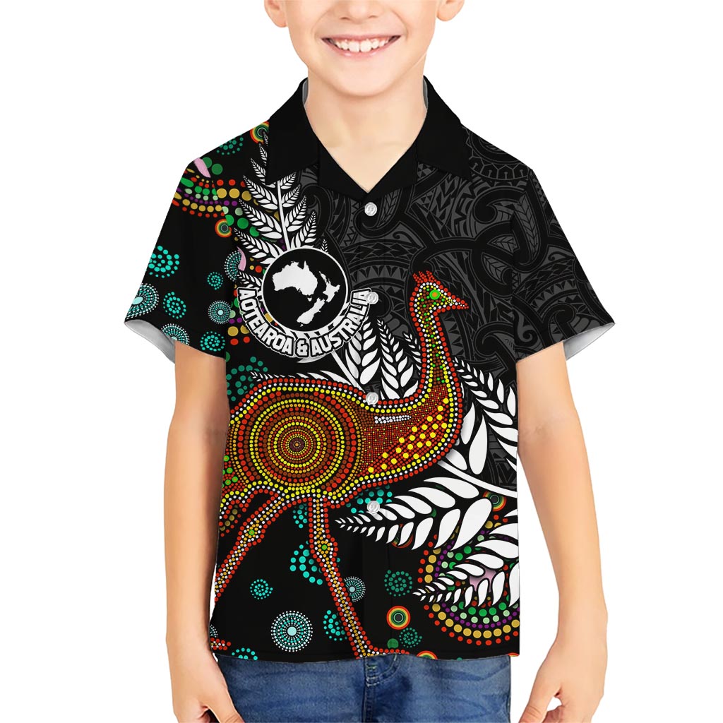 New Zealand Fern and Australia Emu Family Matching Short Sleeve Bodycon Dress and Hawaiian Shirt Aboriginal Mix Maori Pattern LT03 Son's Shirt Blue - Polynesian Pride