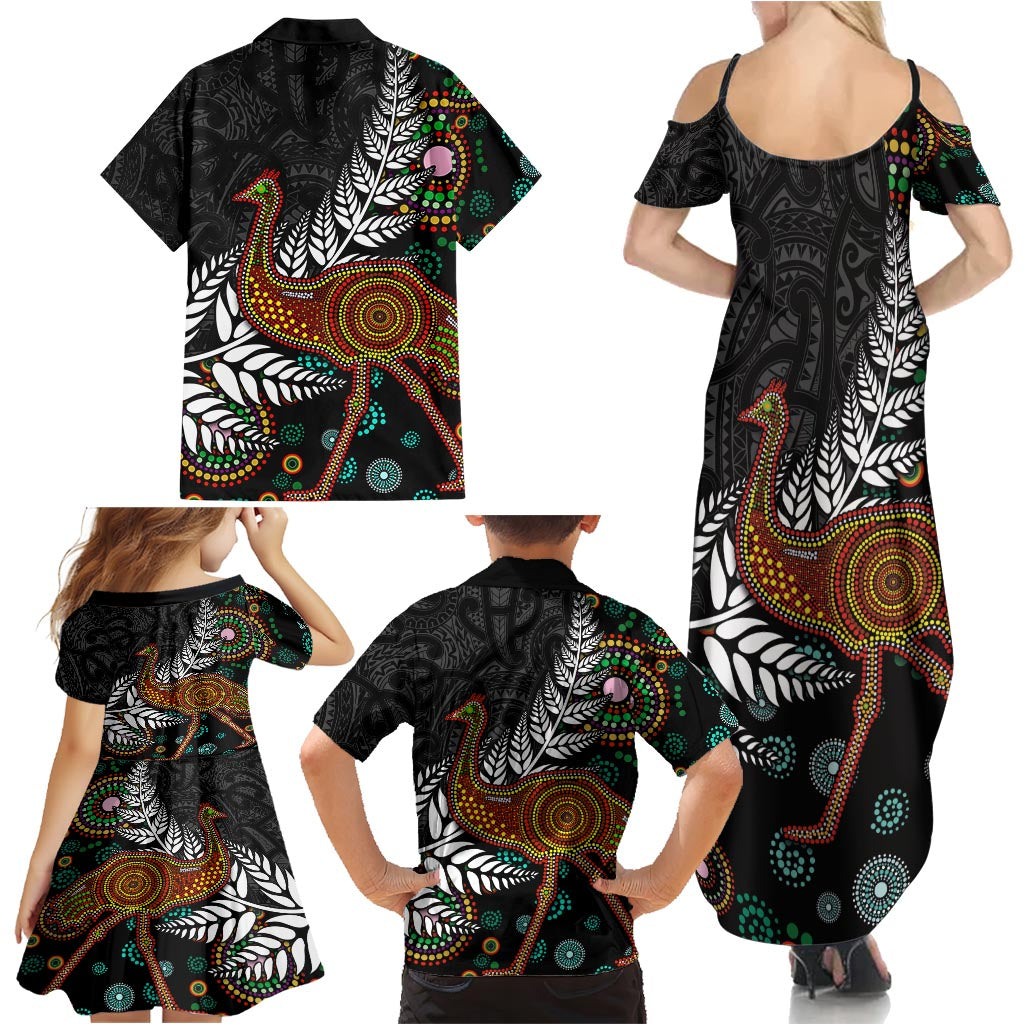 New Zealand Fern and Australia Emu Family Matching Summer Maxi Dress and Hawaiian Shirt Aboriginal Mix Maori Pattern LT03 - Polynesian Pride