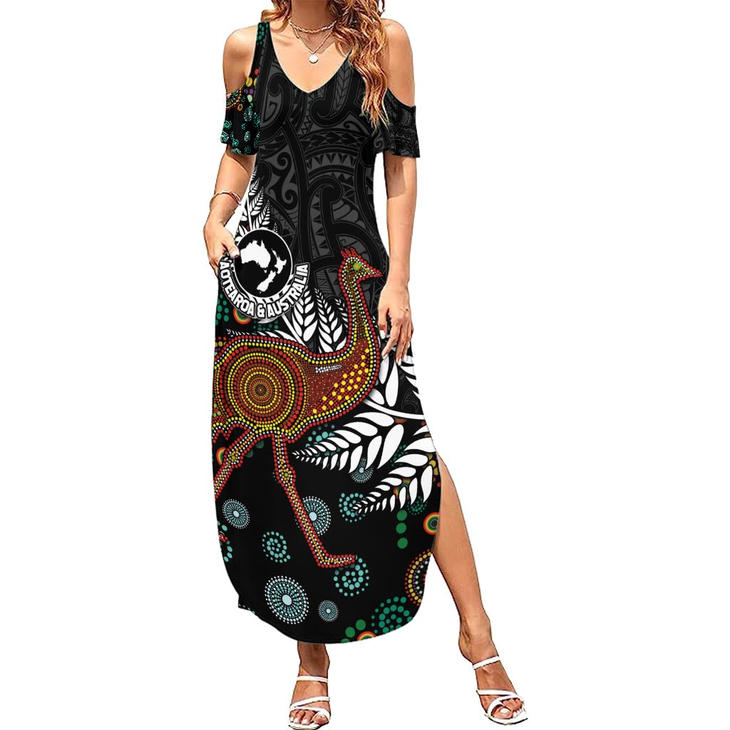 New Zealand Fern and Australia Emu Family Matching Summer Maxi Dress and Hawaiian Shirt Aboriginal Mix Maori Pattern LT03 Mom's Dress Blue - Polynesian Pride