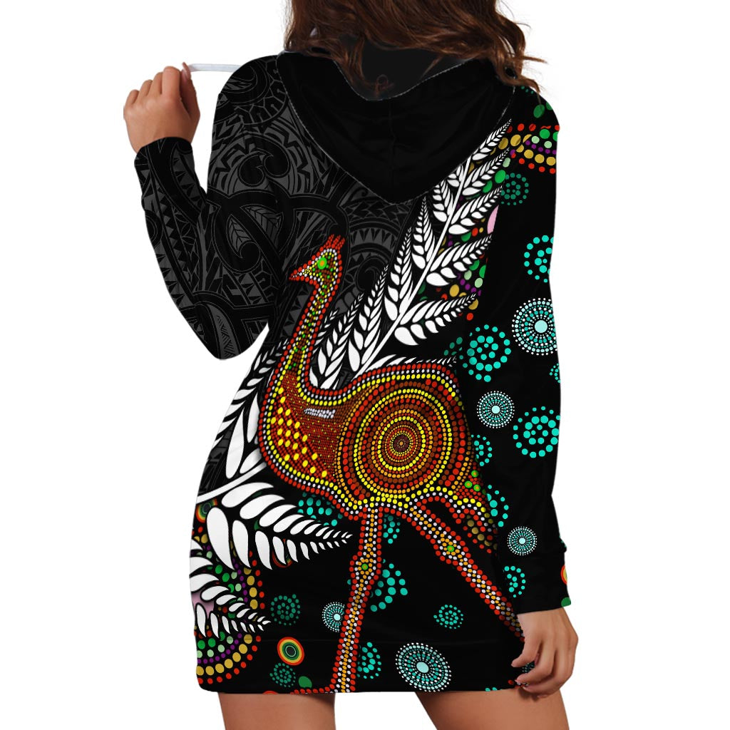 New Zealand Fern and Australia Emu Hoodie Dress Aboriginal Mix Maori Pattern LT03 - Polynesian Pride