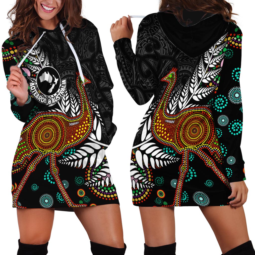 New Zealand Fern and Australia Emu Hoodie Dress Aboriginal Mix Maori Pattern LT03 - Polynesian Pride