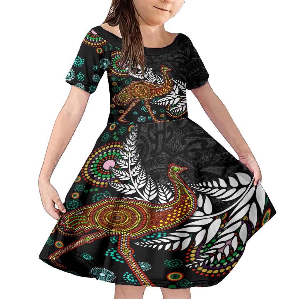 New Zealand Fern and Australia Emu Kid Short Sleeve Dress Aboriginal Mix Maori Pattern LT03 KID Blue - Polynesian Pride