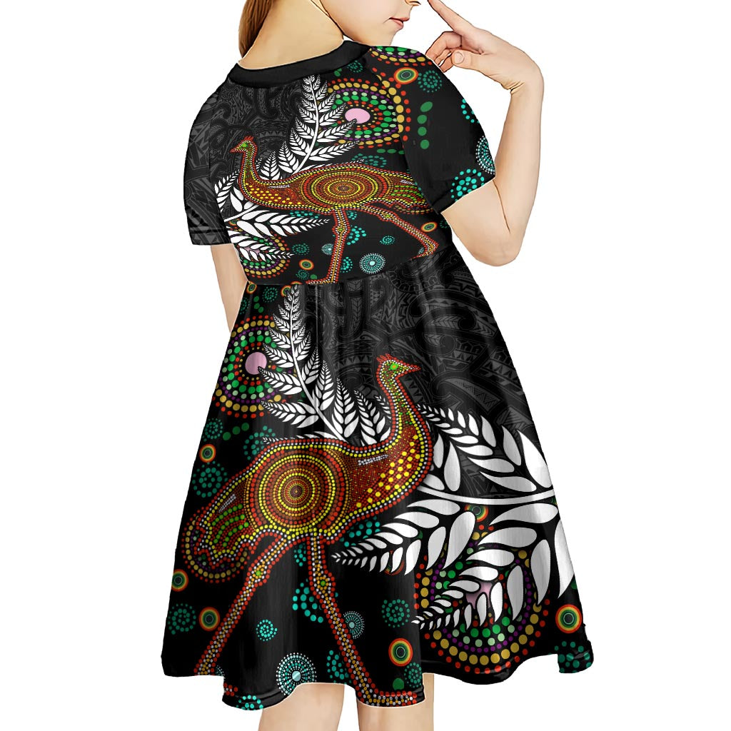 New Zealand Fern and Australia Emu Kid Short Sleeve Dress Aboriginal Mix Maori Pattern LT03 - Polynesian Pride