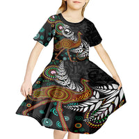 New Zealand Fern and Australia Emu Kid Short Sleeve Dress Aboriginal Mix Maori Pattern LT03 - Polynesian Pride