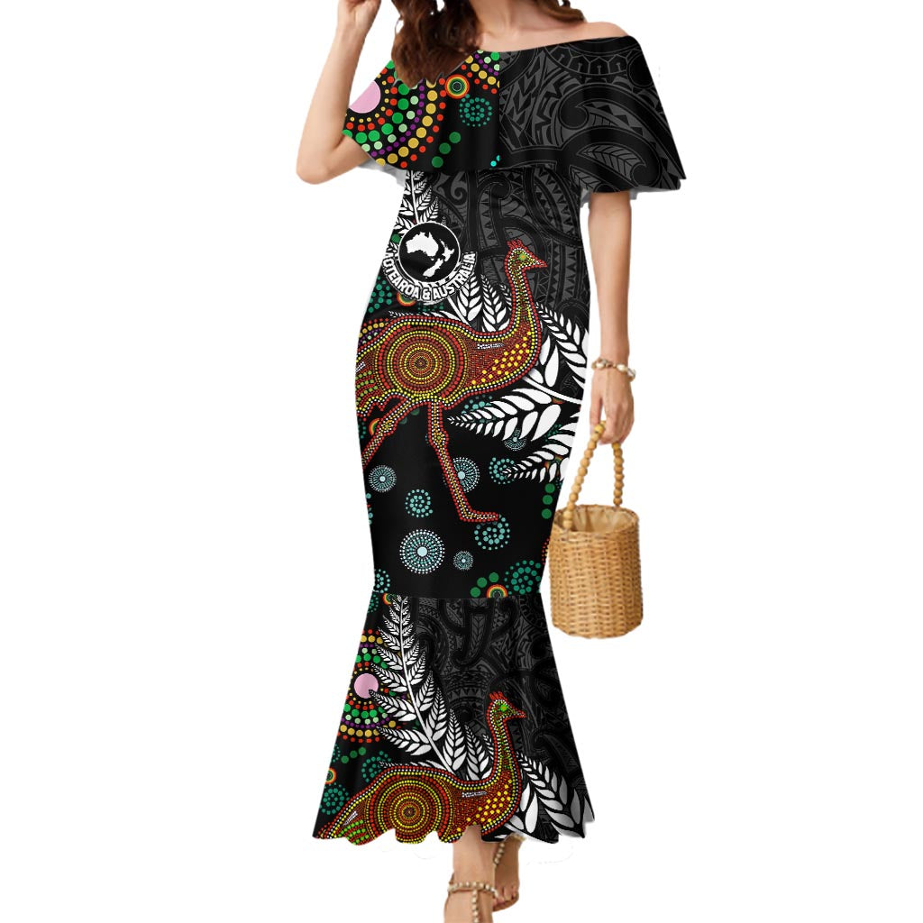 New Zealand Fern and Australia Emu Mermaid Dress Aboriginal Mix Maori Pattern LT03 Women Blue - Polynesian Pride