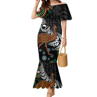 New Zealand Fern and Australia Emu Mermaid Dress Aboriginal Mix Maori Pattern LT03 Women Blue - Polynesian Pride