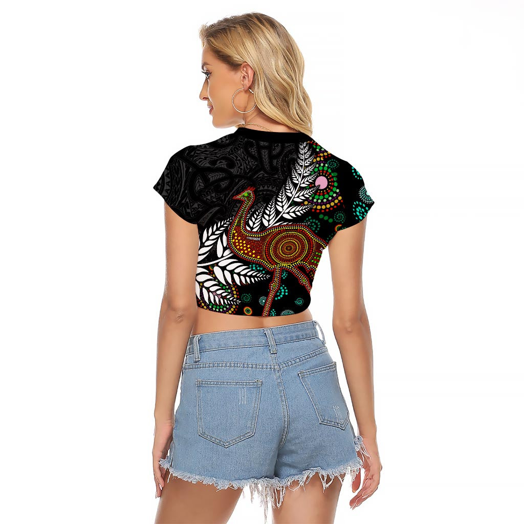 New Zealand Fern and Australia Emu Raglan Cropped T Shirt Aboriginal Mix Maori Pattern