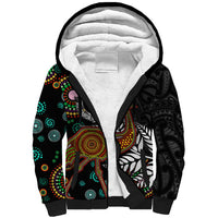 New Zealand Fern and Australia Emu Sherpa Hoodie Aboriginal Mix Maori Pattern LT03 Unisex Blue - Polynesian Pride