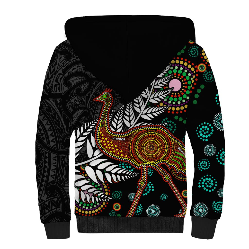 New Zealand Fern and Australia Emu Sherpa Hoodie Aboriginal Mix Maori Pattern LT03 - Polynesian Pride