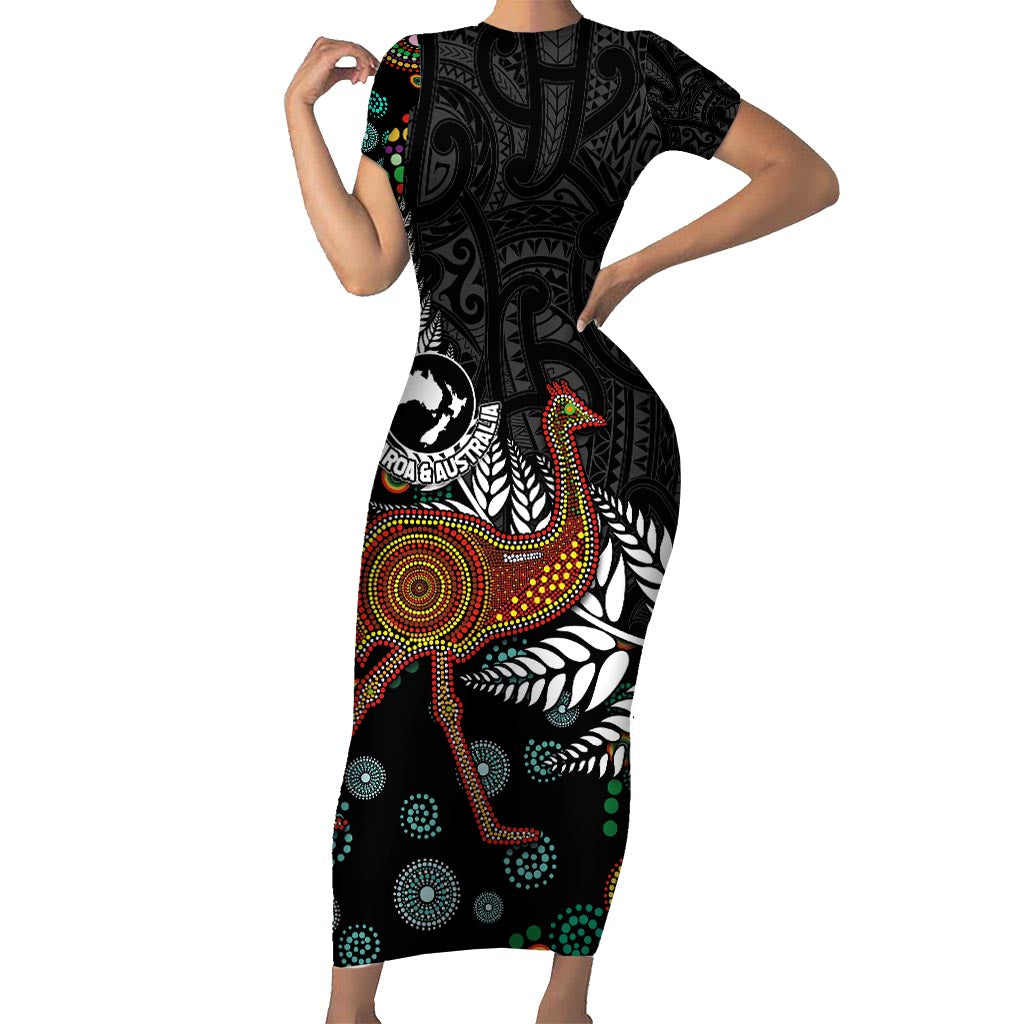 New Zealand Fern and Australia Emu Short Sleeve Bodycon Dress Aboriginal Mix Maori Pattern LT03 Long Dress Blue - Polynesian Pride