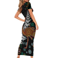 New Zealand Fern and Australia Emu Short Sleeve Bodycon Dress Aboriginal Mix Maori Pattern LT03 - Polynesian Pride