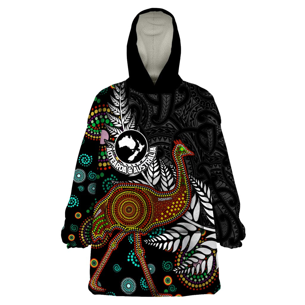 New Zealand Fern and Australia Emu Wearable Blanket Hoodie Aboriginal Mix Maori Pattern LT03 One Size Blue - Polynesian Pride