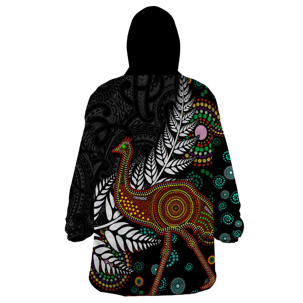 New Zealand Fern and Australia Emu Wearable Blanket Hoodie Aboriginal Mix Maori Pattern LT03 - Polynesian Pride