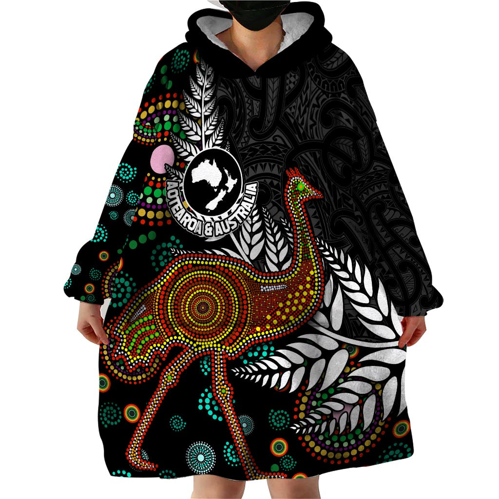 New Zealand Fern and Australia Emu Wearable Blanket Hoodie Aboriginal Mix Maori Pattern LT03 - Polynesian Pride