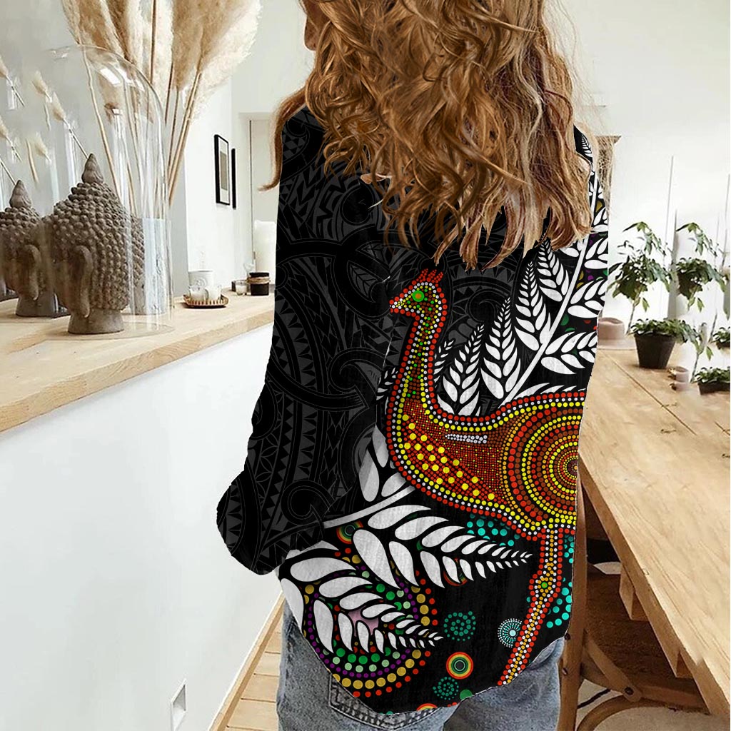 New Zealand Fern and Australia Emu Women Casual Shirt Aboriginal Mix Maori Pattern LT03 - Polynesian Pride
