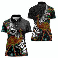 New Zealand Fern and Australia Emu Women Polo Shirt Aboriginal Mix Maori Pattern LT03 - Polynesian Pride