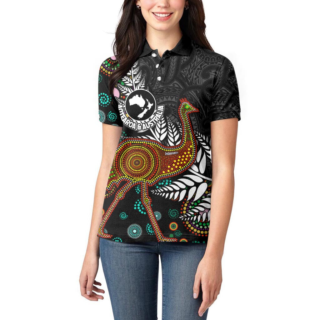 New Zealand Fern and Australia Emu Women Polo Shirt Aboriginal Mix Maori Pattern LT03 - Polynesian Pride
