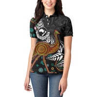 New Zealand Fern and Australia Emu Women Polo Shirt Aboriginal Mix Maori Pattern LT03 - Polynesian Pride