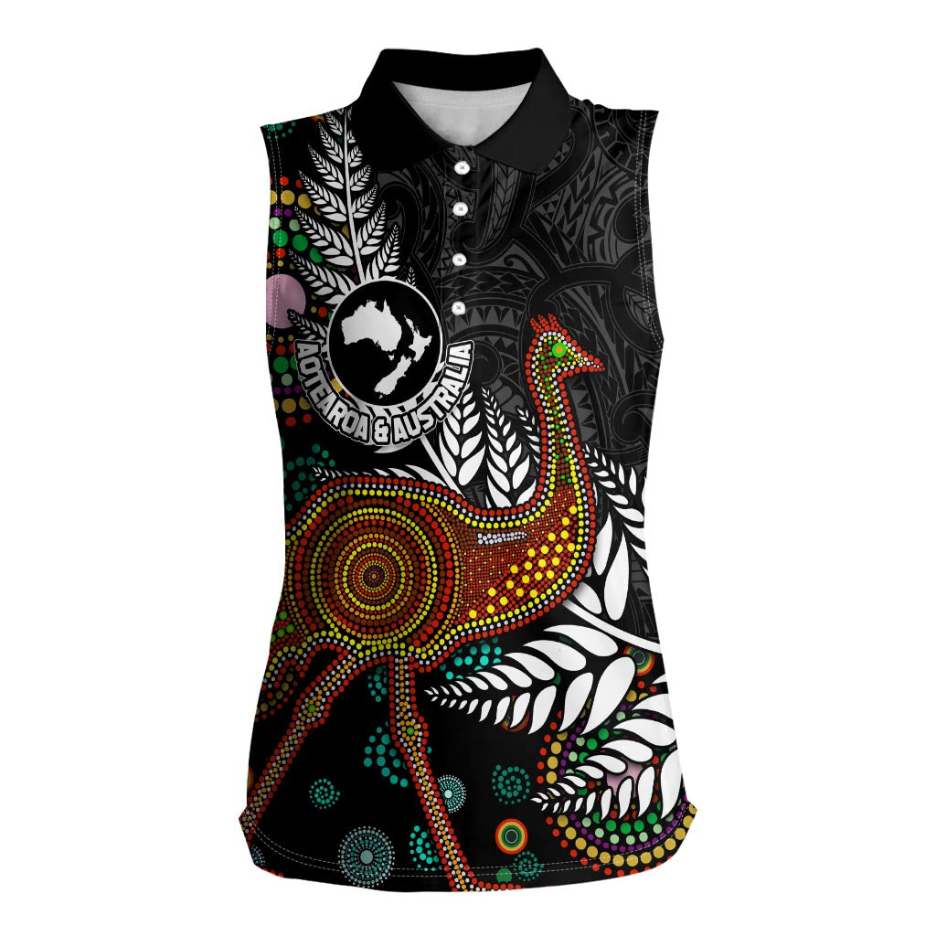 New Zealand Fern and Australia Emu Women Sleeveless Polo Shirt Aboriginal Mix Maori Pattern LT03 Female Blue - Polynesian Pride