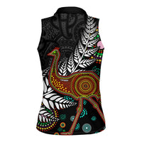 New Zealand Fern and Australia Emu Women Sleeveless Polo Shirt Aboriginal Mix Maori Pattern LT03 - Polynesian Pride