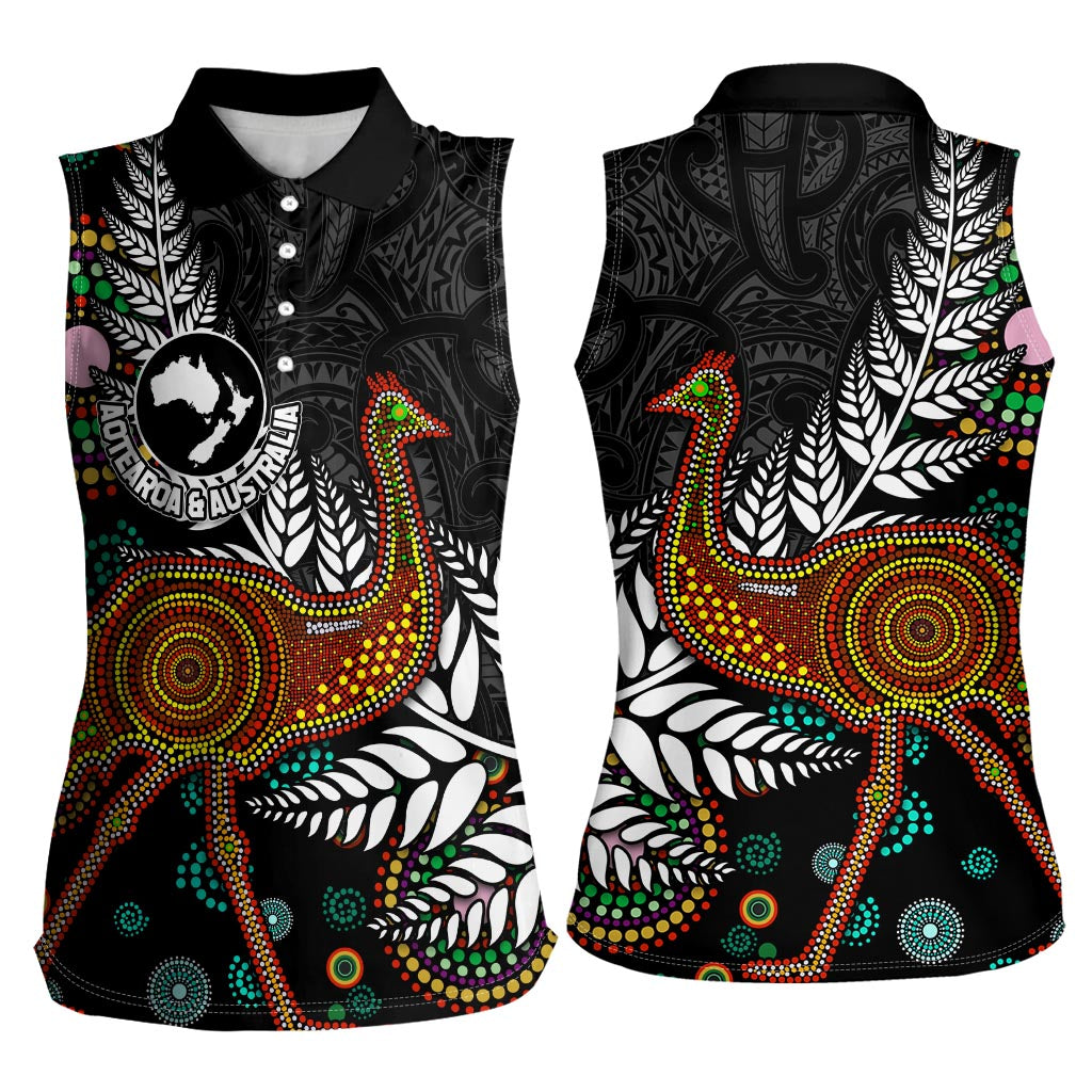 New Zealand Fern and Australia Emu Women Sleeveless Polo Shirt Aboriginal Mix Maori Pattern LT03 - Polynesian Pride