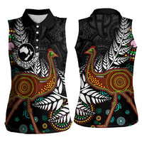 New Zealand Fern and Australia Emu Women Sleeveless Polo Shirt Aboriginal Mix Maori Pattern LT03 - Polynesian Pride
