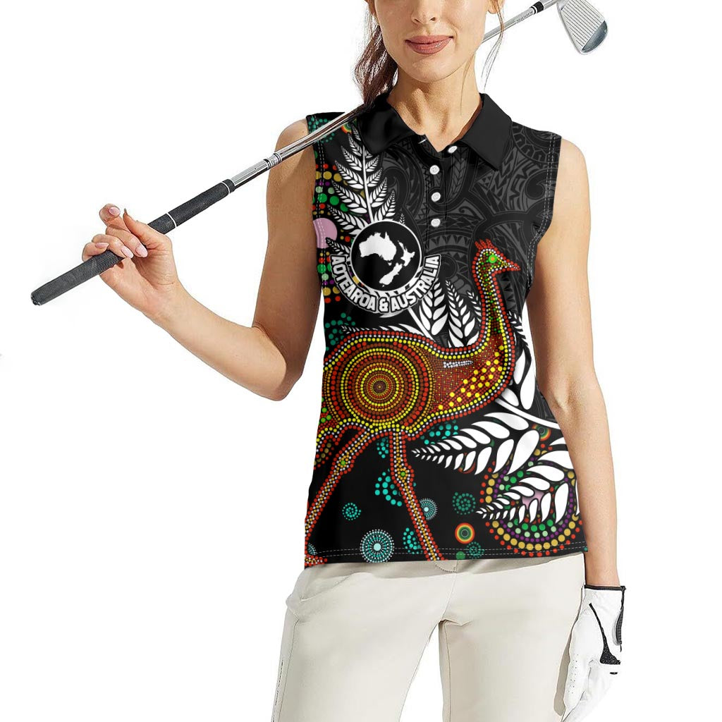 New Zealand Fern and Australia Emu Women Sleeveless Polo Shirt Aboriginal Mix Maori Pattern LT03 - Polynesian Pride