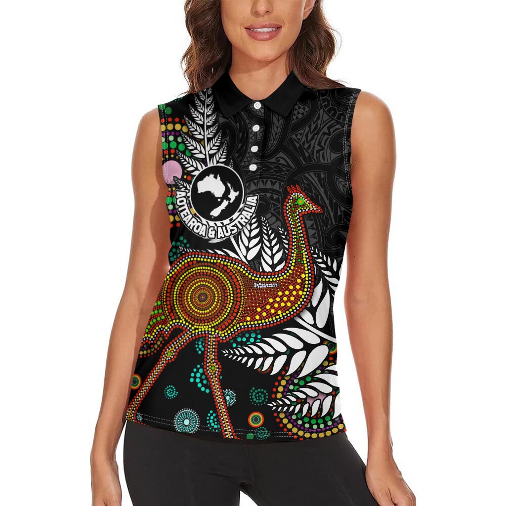 New Zealand Fern and Australia Emu Women Sleeveless Polo Shirt Aboriginal Mix Maori Pattern LT03 - Polynesian Pride