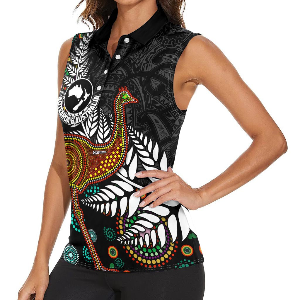 New Zealand Fern and Australia Emu Women Sleeveless Polo Shirt Aboriginal Mix Maori Pattern LT03 - Polynesian Pride