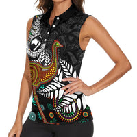 New Zealand Fern and Australia Emu Women Sleeveless Polo Shirt Aboriginal Mix Maori Pattern LT03 - Polynesian Pride