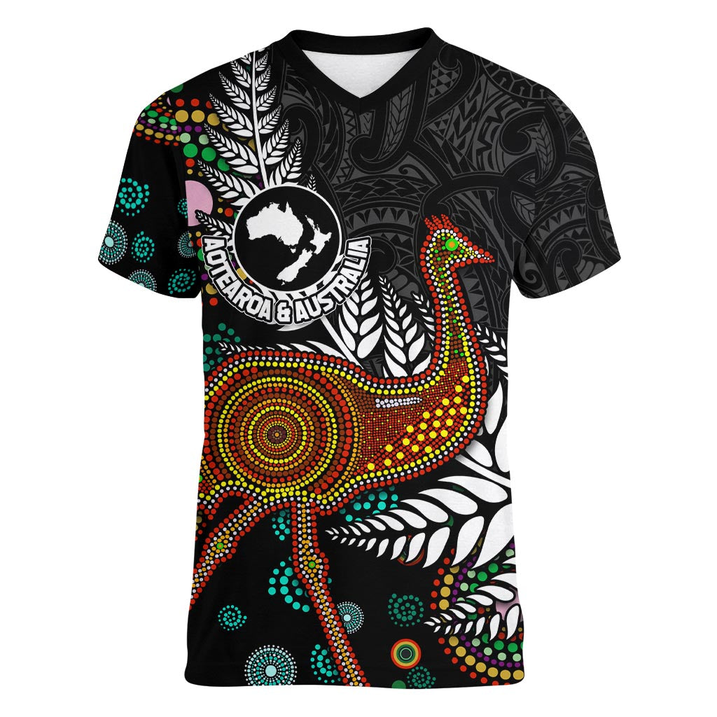 New Zealand Fern and Australia Emu Women V-Neck T-Shirt Aboriginal Mix Maori Pattern LT03 Female Blue - Polynesian Pride