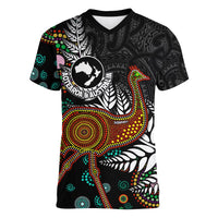 New Zealand Fern and Australia Emu Women V-Neck T-Shirt Aboriginal Mix Maori Pattern LT03 Female Blue - Polynesian Pride