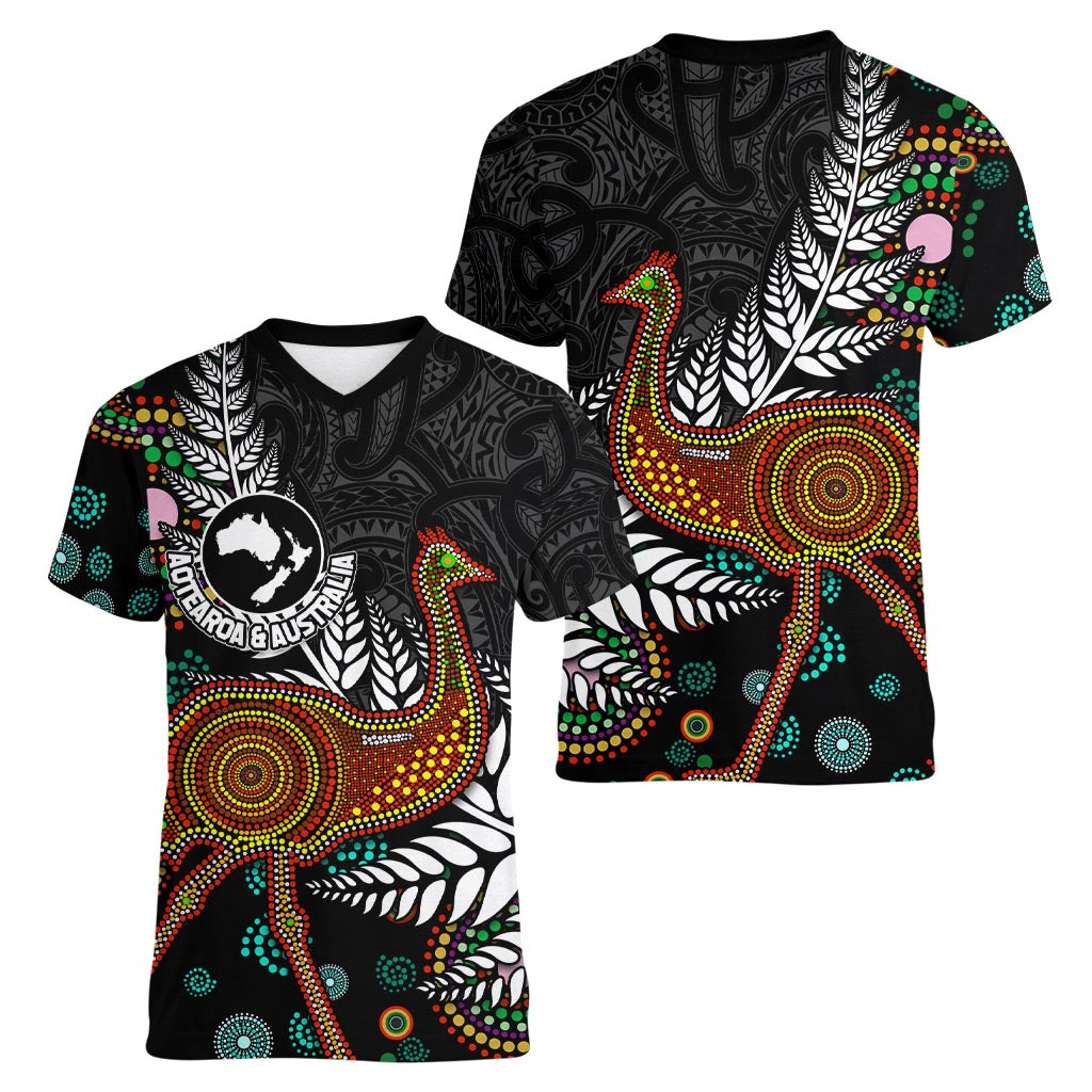 New Zealand Fern and Australia Emu Women V-Neck T-Shirt Aboriginal Mix Maori Pattern LT03 - Polynesian Pride