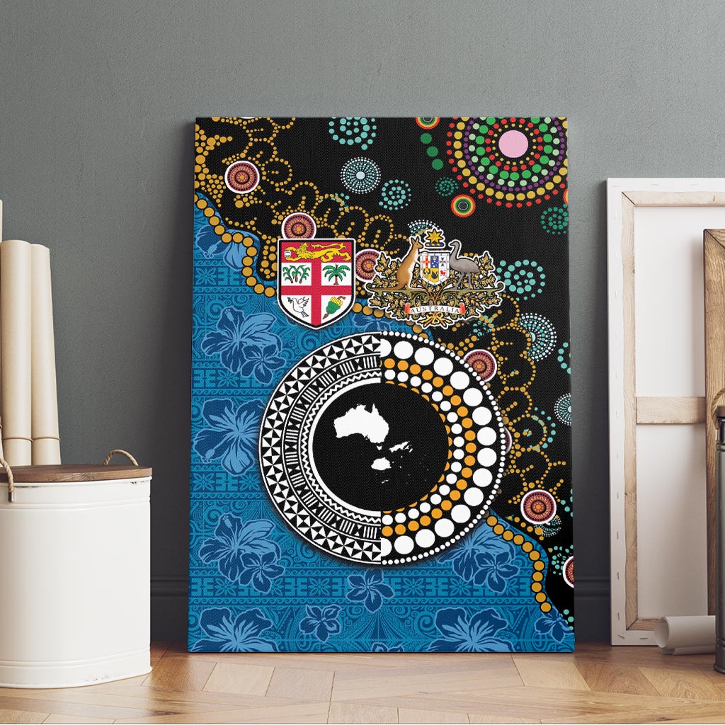 Fiji Palm Tree and Australia Kangaroo Canvas Wall Art Aboriginal Mix Tapa Pattern