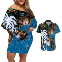Fiji Palm Tree and Australia Kangaroo Couples Matching Off Shoulder Short Dress and Hawaiian Shirt Aboriginal Mix Tapa Pattern LT03 Blue - Polynesian Pride