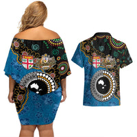 Fiji Palm Tree and Australia Kangaroo Couples Matching Off Shoulder Short Dress and Hawaiian Shirt Aboriginal Mix Tapa Pattern LT03 - Polynesian Pride