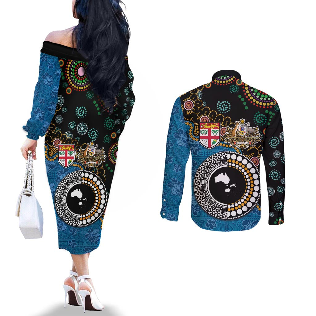 Fiji Palm Tree and Australia Kangaroo Couples Matching Off The Shoulder Long Sleeve Dress and Long Sleeve Button Shirt Aboriginal Mix Tapa Pattern