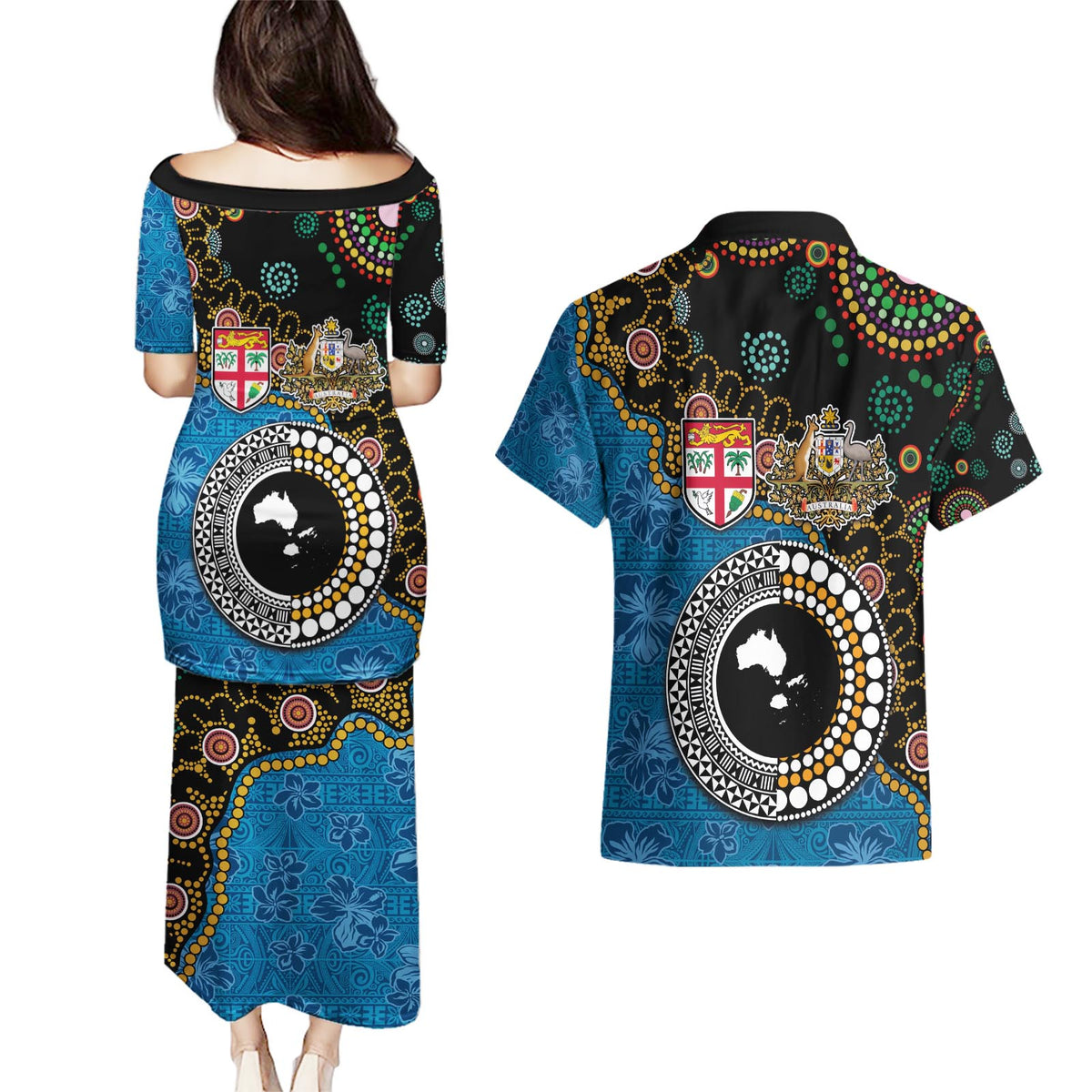 Fiji Palm Tree and Australia Kangaroo Couples Matching Puletasi and Hawaiian Shirt Aboriginal Mix Tapa Pattern
